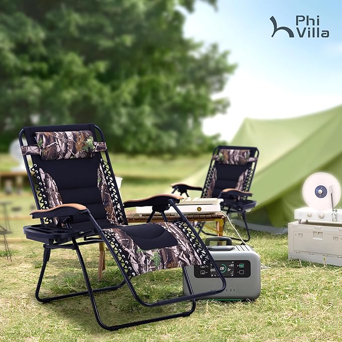 PHI VILLA XXL Oversized Padded Zero Gravity Chair Foldable Patio Recliner 30 Wide Seat Anti Gravity Lounger with Cup Holder Support 400 LBS (Camouflage)