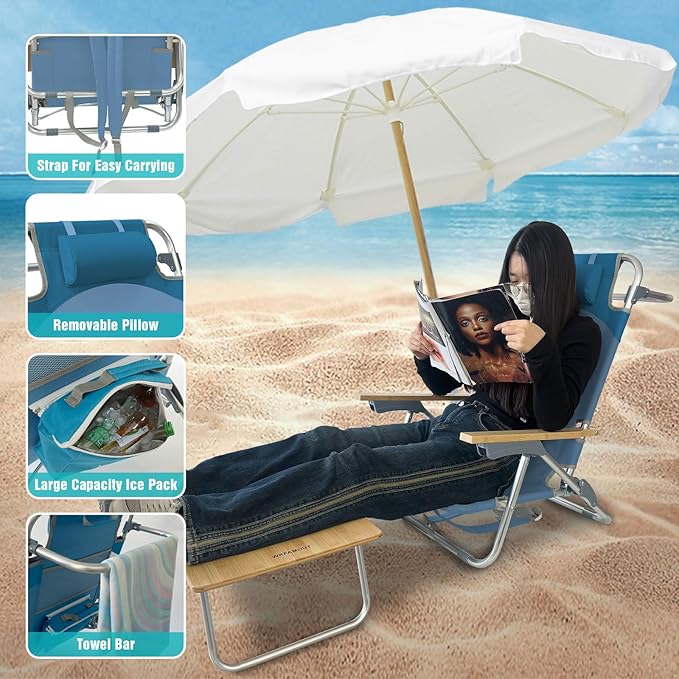 Folding Backpack Beach Chair for Adults &amp Teens Aluminum 5-Position Lay Flat Lounge Chair with Camping Bamboo Table 200LBS Beach Reclining Chair Outdoor with Cooler Bag Blue