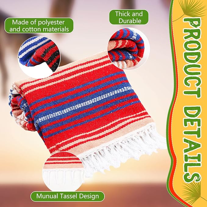 Macarrie 12 Pcs Mexican Beach Blankets Bulk Large Thick Serape Blanket Colorful Striped Yoga Throw for Outdoor Beach Park Picnic Car Couch Home