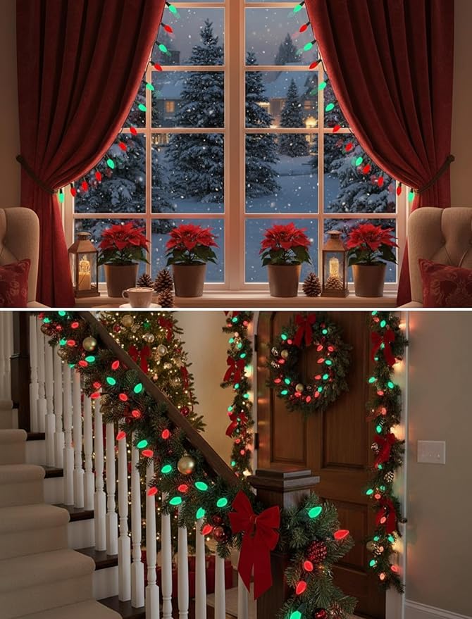 C7 Outdoor Christmas Lights - 25ft Red and Green Christmas Lights with 27 Ceramic Bulbs(2 Spare) Waterproof Extendable Christmas Tree Lights for Indoor Party Backyard Xmas LightGreen Wire