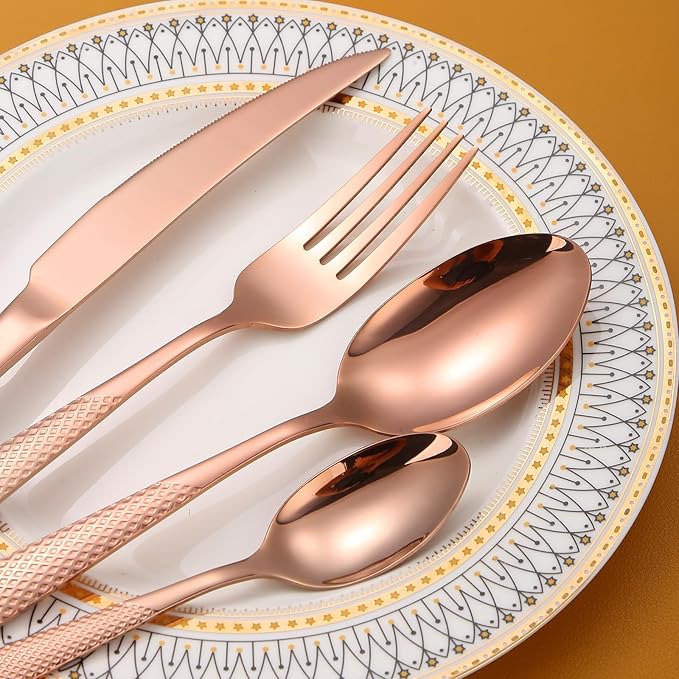 Hammered Flatware Set Copper/Rose Gold Silverware 20 Piece Stainless Steel Service for 4 Forks Knives Spoons Heavy Thickened Handle Elegant Modern Design Kitchen Use Festival Parties