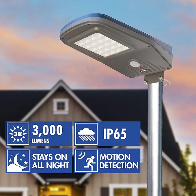 Wagan 3000 Lumen LED Solar Street Light with Remote Control Outdoor Solar Powered Flood Light Dusk to Dawn Waterproof Weatherproof Motion Sensor for Outdoor Garden Yard Path Parking Lot EL8591