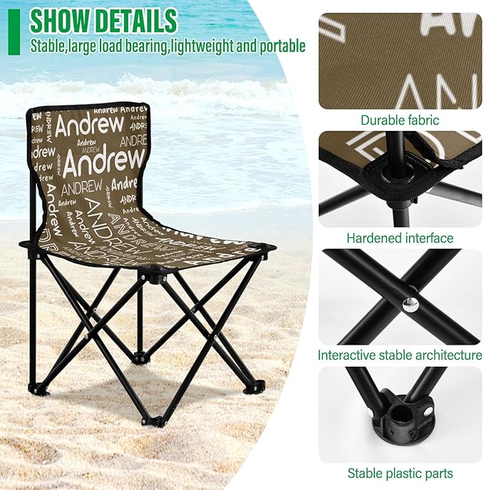 Sinestour Brown Custom Folding Camping Chair for Teen Child Personalized Name 14.6×14.6in Portable Outdoor Chair with Carry Bag for Outside Picnic Lawn