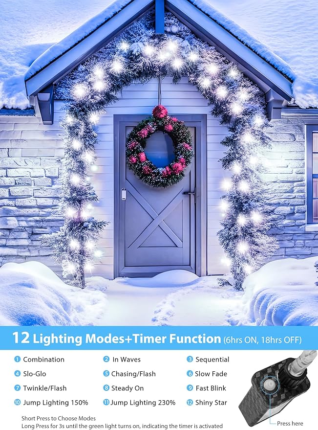 Minetom Christmas Lights Outdoor Cluster Lights - 500 LED 25 Ft Christmas Firecrackers String Lights 12 Modes Timer Waterproof Connetable Plug in Twinkle Fairy Light for Xmas Tree Garland Cool White