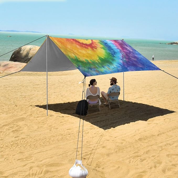 ALAZA Swirl Tie Dye Rainbow Color Beach Tent Sun Shelter UPF50+ Protection Beach Shade Canopy w/ 4 Sandbags for Outdoor Camping Fishing Backyard Fun Picnic 10x9 ft