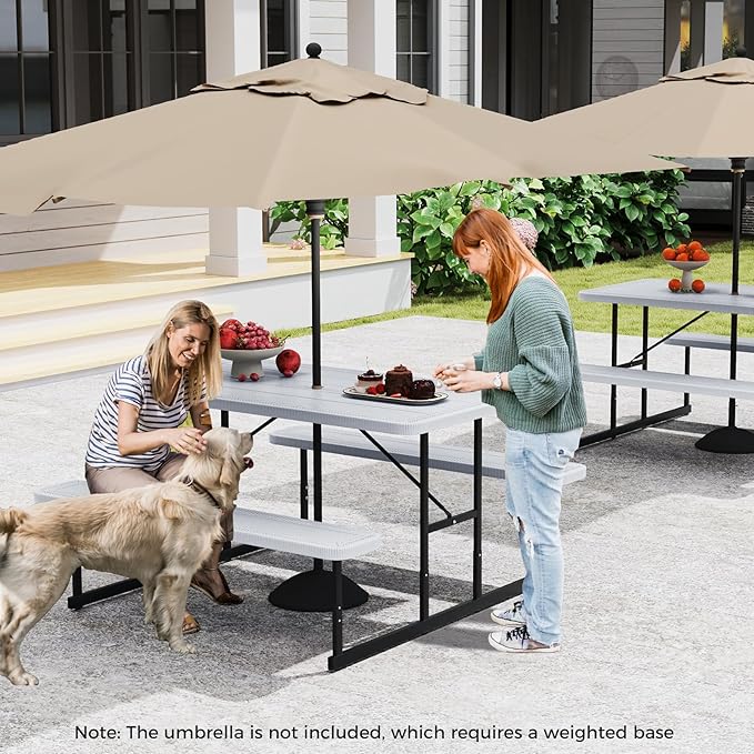 Giantex Picnic Table Bench Set for 4 People 4.5FT Outdoor Rectangular Dining Table &amp 2 Benches w/Umbrella Hole HDPE Tabletop Metal Frame Patio Garden Backyard Poolside (4.5FTNon-FoldableWhit