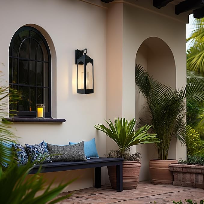 LamQee 20 Inch Dusk to Dawn Outdoor Wall Lights Large Exterior Lighting Fixtures with Seeded Glass Textured Black Modern Outdoor Sconces Wall Mount Lantern for House Porch Patio Garage Front Door