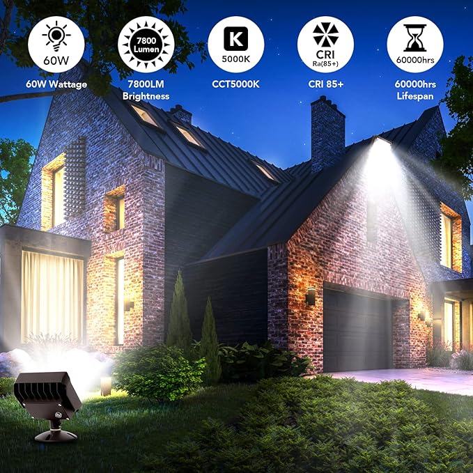 60W LED Flood Light with Knuckle Outdoor Flood Light Dusk to Dawn Photocell 5000K 7800lm AC100-277V Equivalent 600W ETL Waterproof Wall Mount LED Security Light for Yard Entrance Garden