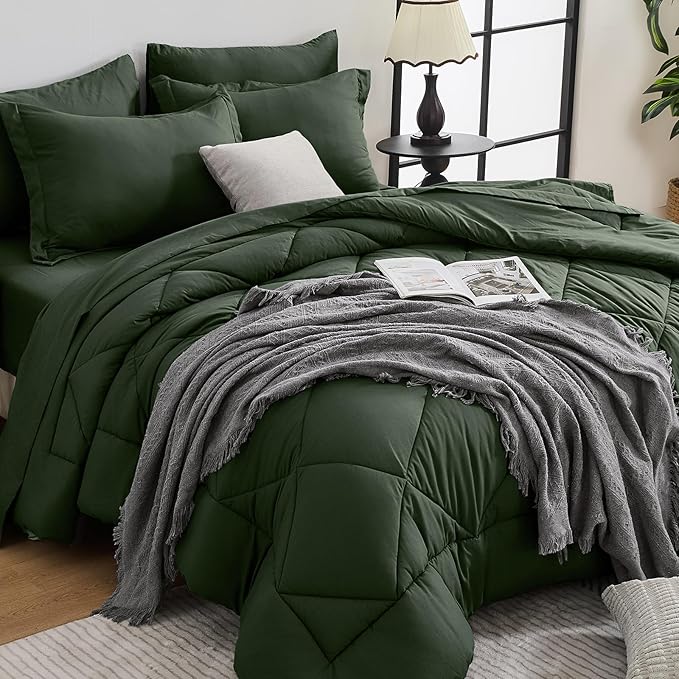HEVUMYI Army Green California King Comforter Set - 7-Piece All Season Bed in a Bag Cal King Ultra Soft Bedding Set with Comforter Flat Sheet Fitted Sheet Pillowcases Pillow Shams