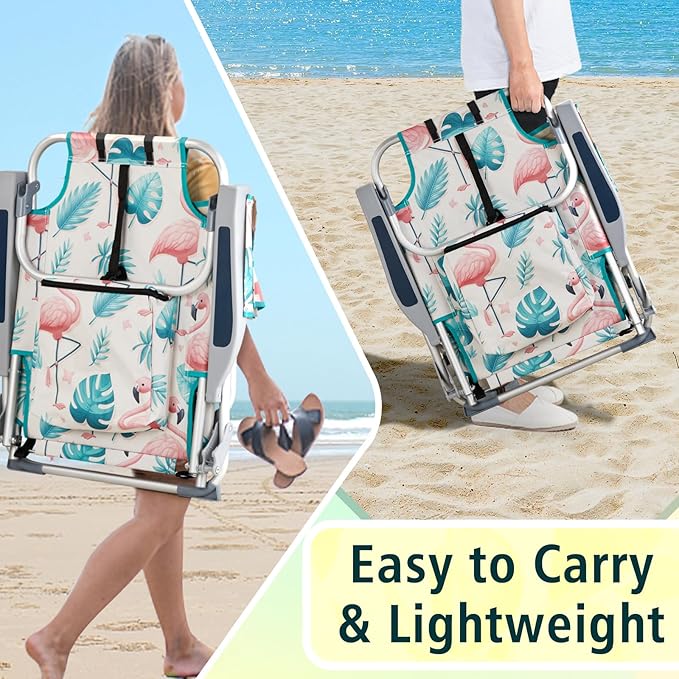 Vasitelan Outdoor Folding Backpack Beach Chair with 5 Positions Towel bar Cooler Pouch Cup HolderFolding Beach Chair with Backpack Straps (Flamingo Short)