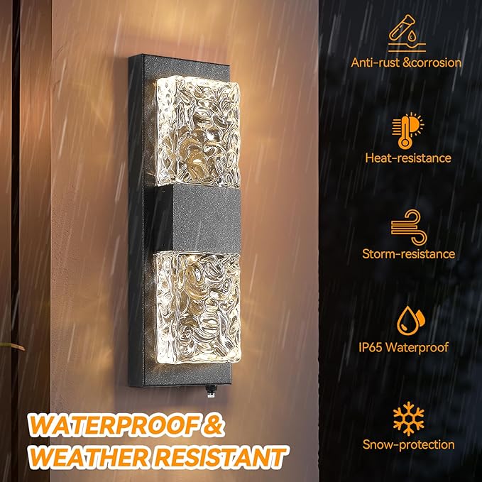 HITTO Dusk to Dawn Outdoor LightingPorch Lights Outdoor IP65 Waterproof Exterior Lighting Fixtures 12W LED Ripple Crystal Modern Outside Light for House Hallway Doorway Patio14.2'' Black 2PCS
