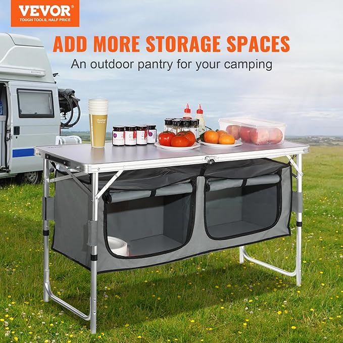 VEVOR Camping Kitchen Station 3 Adjustable Height Folding Outdoor Camp Cooking Table with Storage Organizer Quick Set-up for Patio BBQ Picnic Glamping Traveling