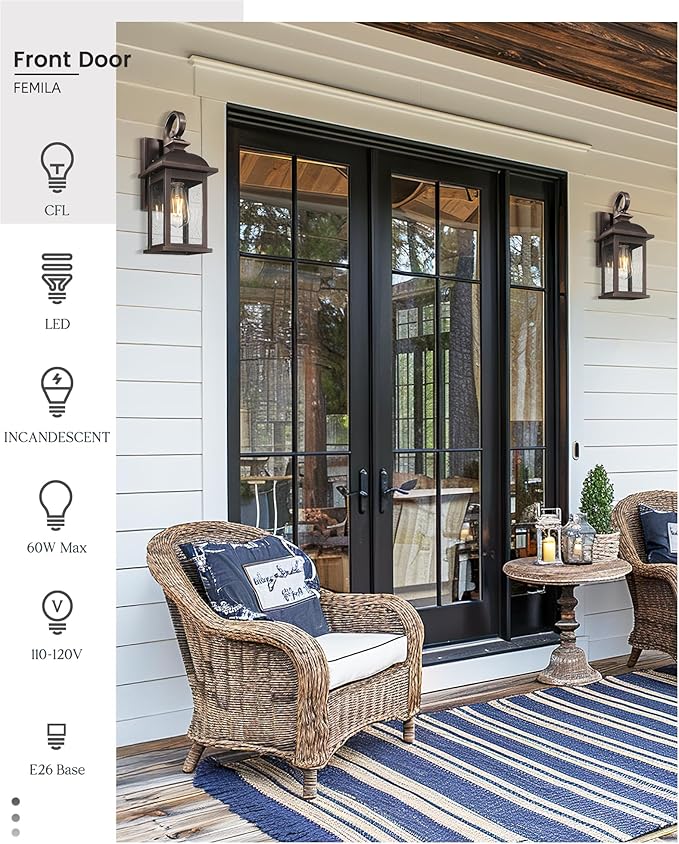 FEMILA 2-Pack Outdoor Wall Sconce Lights Oil Rubbed Bronze 15 Exterior Outdoor Light Fixtures Wall Mount with Seeded Glass for Front Porch Patio Garage 4FD54B-2PK ORB