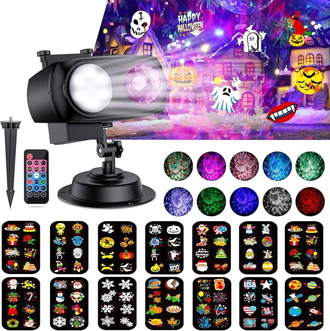2025 Upgraded Brighter Halloween Christmas Outdoor Projector Lights with 14 HD (3D Ocean Wave+Patterns) Replaceable Slides Waterproof for Indoor Outdoor Xmas Theme Party Yard Garden Decoration
