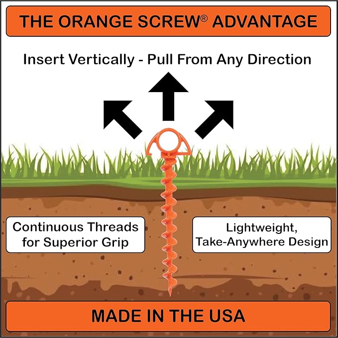 Orange Screw Ultimate Ground Anchors: Heavy Duty Screw-in Tent Stakes for High Wind Sand Canopies and Camping - Made in USA 100% Recycled Included T-Grip Tool - (Small 4 Pack)
