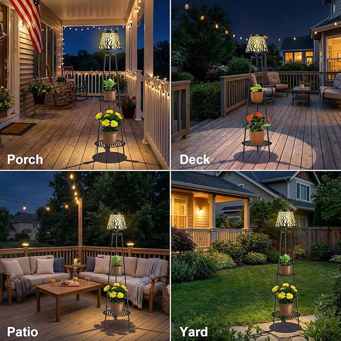 2 Pack 45.5'' Outdoor Floor Lamps with 2 Tier Plant Stand Solar Powered Metal Waterproof Lights for Patio Deck Yard Garden Porch Decor