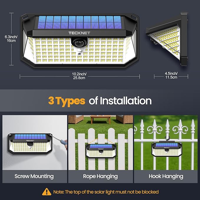 TECKNET 546 LEDs Motion Sensor Outdoor Lights with Remote Control &amp Hook7500LM Solar Lights Outdoor with 2200mAh &amp IP66 Waterproof 300° Angle &amp 3 Modes Solar Lights for Patio Fence Gara