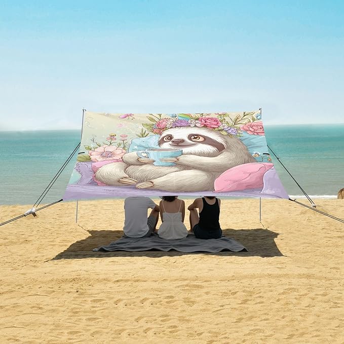 Bolaz Beach Canopy Tent Sun Shade9'×10.5' Large Family Beach Shade UPF50+- Outdoor Shade for Camping Trips FishingCute Sloth with Coffee