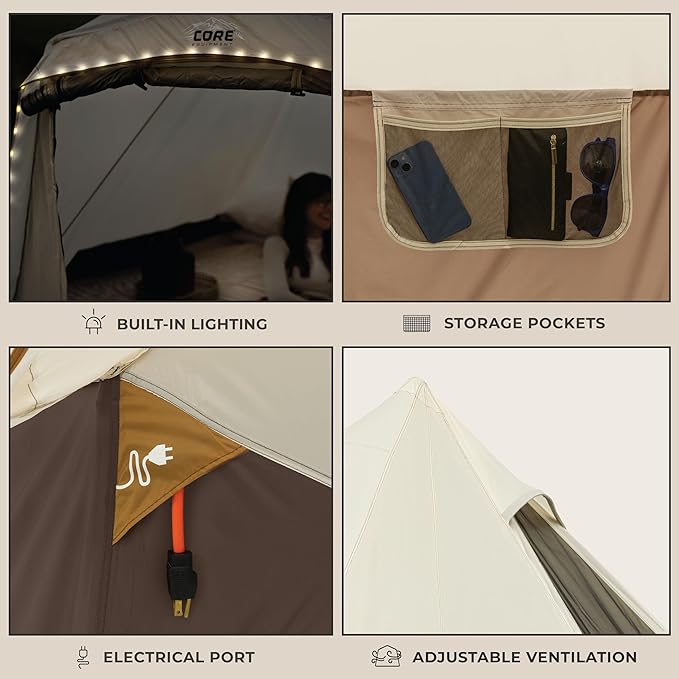 CORE 6 Person Bell Tent with LED Lights | Spacious Family Lighted Tent with Carry Bag for Camping Glamping and Backyard Adventures