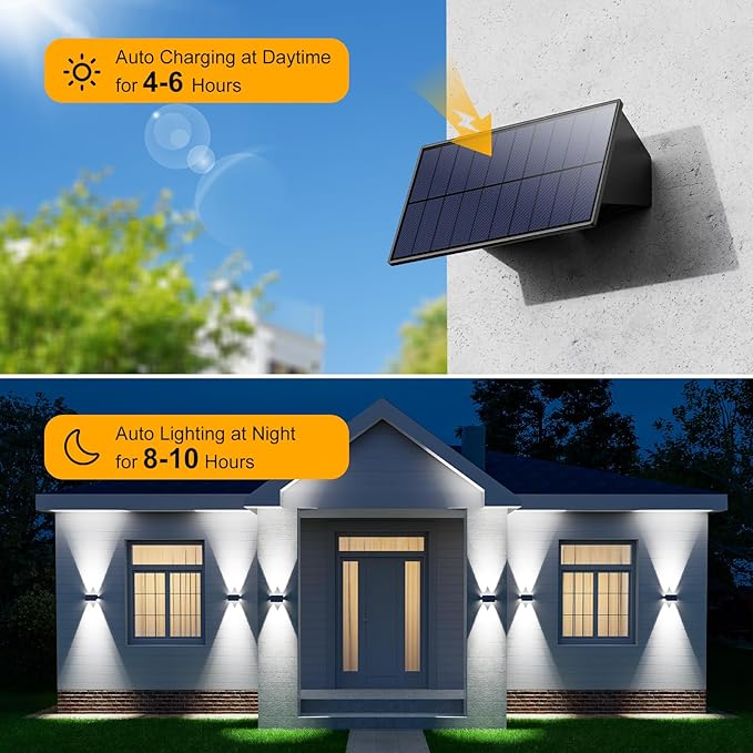 4 Pack Solar Powered Wall Lights for Outside Up and Down Fence Mount LED Outdoor Decorative Waterproof Lamps for Porch Deck Patio Yard Gate 4 Lenses Designed for Accent Lighting (Cool White)
