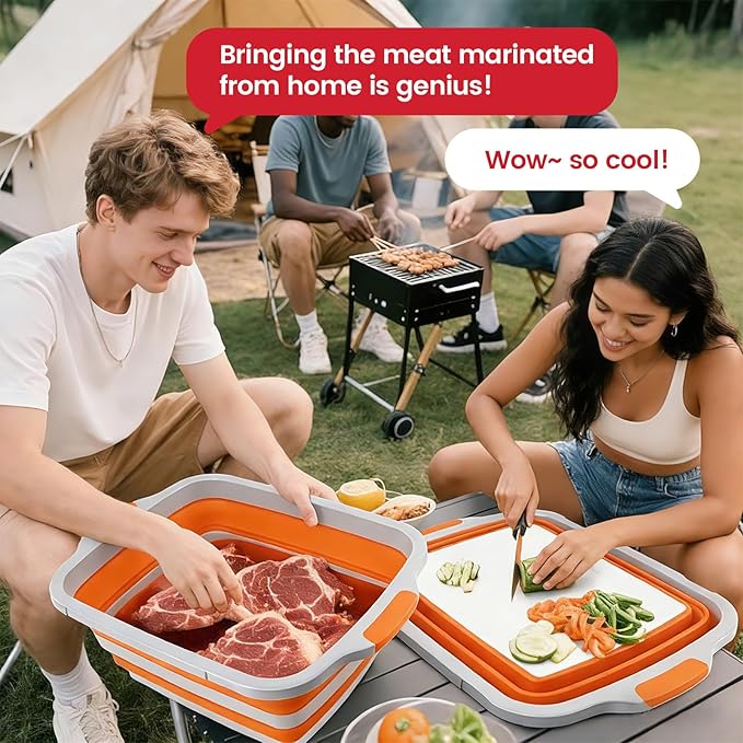 BBQ Prep Tub 3-IN-1 Large 30L Collapsible Cutting Board with Locking Lid for Meal Prep Marinating Food Camping Sink with Colander Dish Basin Storage Blanket for Camping Picnic BBQ Orange