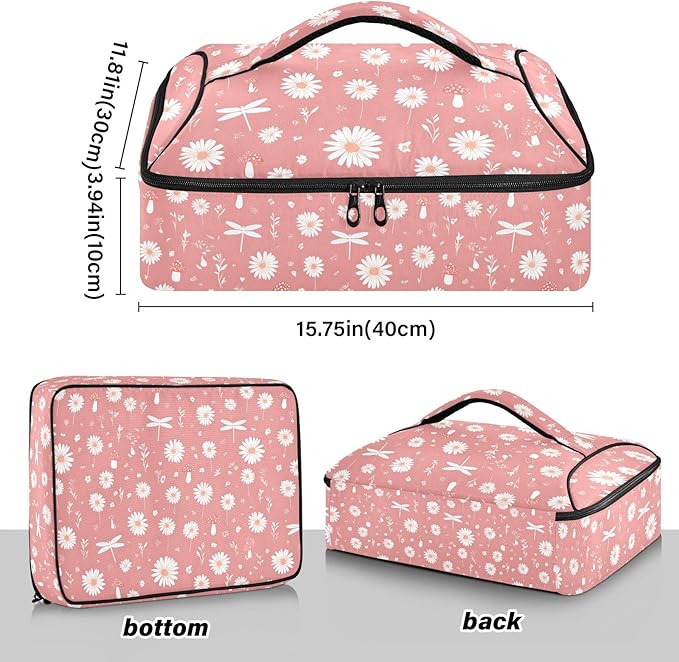 Casserole Carrier Daisies Mushrooms and DragonfliesInsulated Casserole Carrier for Hot or Cold Food Thermal Lunch Tote for Potluck Parties Picnic Beach Fits 9 x 13 Inches Baking Dish