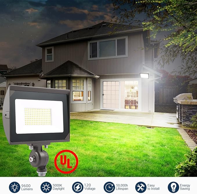 80W Outdoor LED Flood Light with 1/2 Knuckle Mount (Plate Included) 5000K Daylight 9600LM 120V UL Waterproof LED Security Flood Lighting