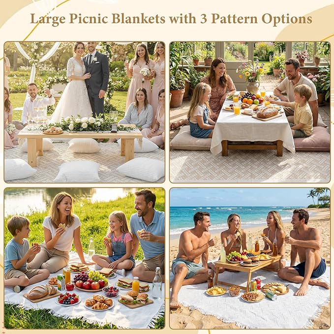 91 x 71 Inch Large White Picnic Blanket Outdoor Picnic Blanket with Fringe Soft Cotton Woven Blanket Picnic Lightweight Foldable Blanket Picnic for Beach Park Camping (White Grid Pattern)