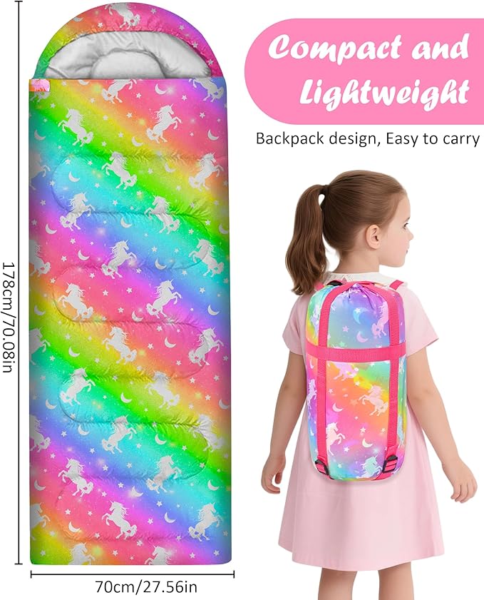Sleeping Bags for Kids 3 Season Waterproof Sleeping Bag with Carry Bag for Camping Hiking Rainbow Unicorn