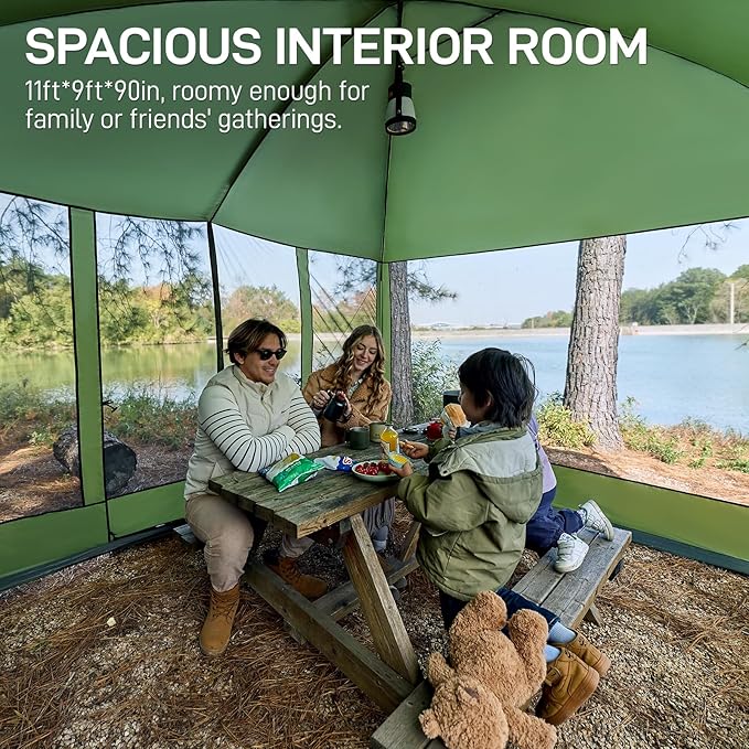 EVER ADVANCED Magnetic Screen House Room 11x9ft Hands-Free EntryScreenhouse with Sun Protection for Camping&ampPicnic 11x9ftCamping Tent Canopy Shelter with Mesh Green