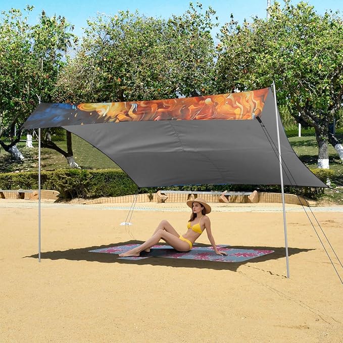 ALAZA Howling Wolf Fire Painting Beach Tent Sun Shelter UPF50+ Protection Beach Shade Canopy w/ 4 Sandbags for Outdoor Camping Fishing Backyard Fun Picnic 10x9 ft