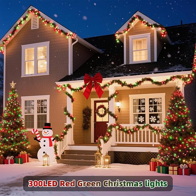 XTF2015 Christmas String Lights 105ft 300 LED Christmas Lights 8 Modes Memory Function &amp Timer- UL Certified - Outdoor Indoor Christma s Fairy Lights for Tree Garden Party Wedding(Red + Green)