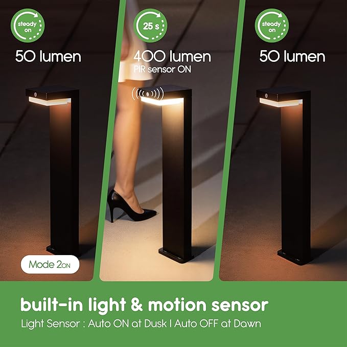 Solar Pathway Lights - Walkway Solar Lights for Outside - PIR Sensor &amp Two Lighting Modes - Rechargeable Battery Lasts Up To 55 Hours - 3000K - IP44 Weather Resistant - 4 Pack - 20.5 Height