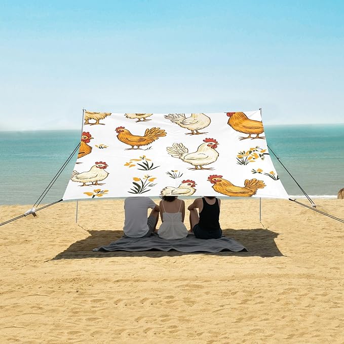 Rooster Hen Chicken Pattern Camping Sun Shelter Beach Tent Portable Beach Sun Shade Outdoor Canopy for Camping Trips Fishing Picnic