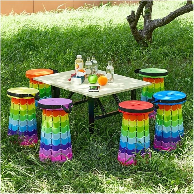 The Latest Portable Fun Casual Round Folding Chair Adjustable Plastic Fishing Stool Rainbow Telescopic Stooltool(Colorful cyan)