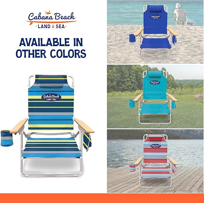 Cabana Beach Folding Beach Chair 5 Position Lightweight Portable Reclining Outdoor Camping Accessories with Headrest Shoulder Strap and Cup Holder Stripe