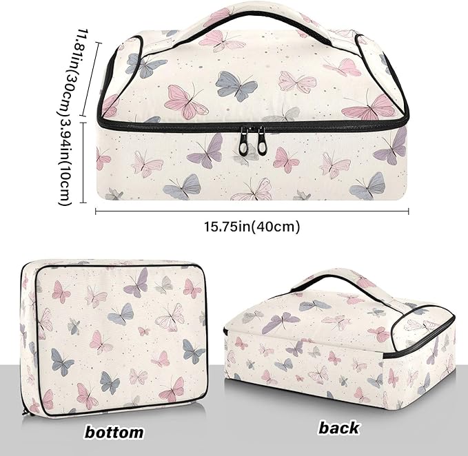 Casserole Carrier Pattern Pink Butterflies PrintInsulated Casserole Carrier for Hot or Cold Food Thermal Lunch Tote for Potluck Parties Picnic Beach Fits 9 x 13 Inches Baking Dish