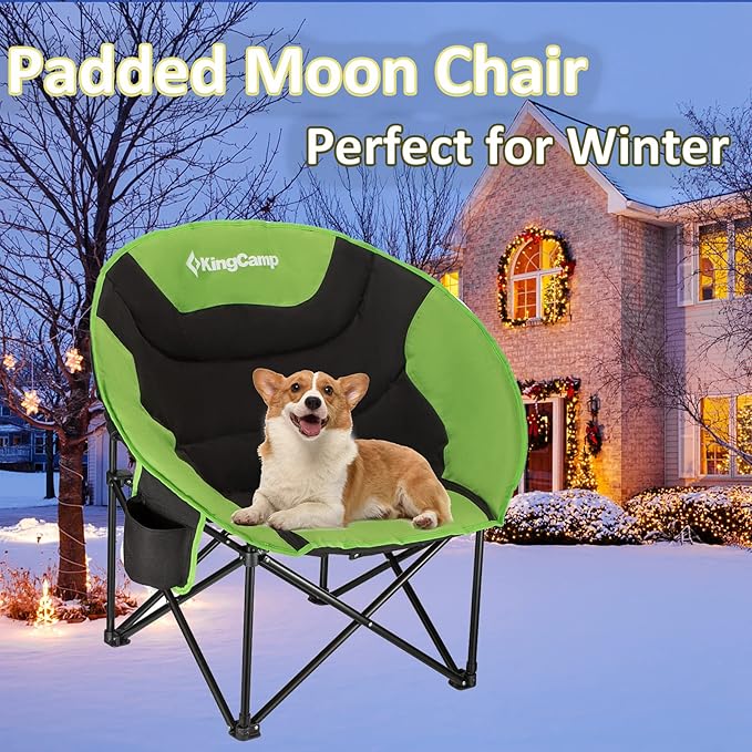 KingCamp Foldable Saucer Moon Lounge Chair with Cupholder Storage Pocket for Indoor Home or Outdoor Camping and Tailgating Use Black/Green