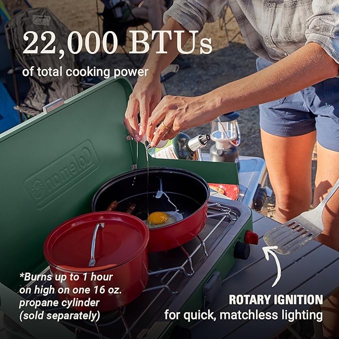 Coleman Cascade 222 2-Burner Camping Stove Portable Cooktop with 22000 BTUs Matchless Lighting &amp Dual Wind Guards Great for Outdoor Cooking Camping Tailgating Grilling BBQs &amp More