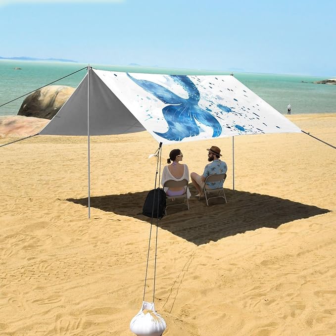 Watercolor Blue Mermaid Beach Tent Sun Shelter 9.2' x 10.5' Beach Canopy with 4 Sandbags 4 Stability Poles Sand Shovels - Tent Canopy for Beach Camping Fishing Picnics