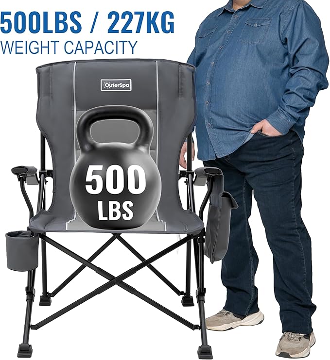 Oversized Folding Camping Chairs for Adults Heavy Duty Support 500lbs Big and Tall High Back Camping Chairs for Heavy People Padded Lawn Chairs Camp Chairs for PatioBeachCampLawnOutdoorGrey