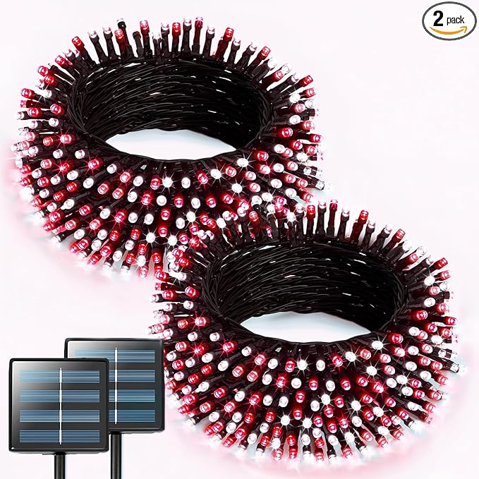 JMEXSUSS 2 Pack Solar String Lights Outdoor Waterproof Total 400 LED 151FT Solar Christmas Lights Outdoor 8 Modes Christmas Light for Outside Patio Yard Tree Decorations Red and White
