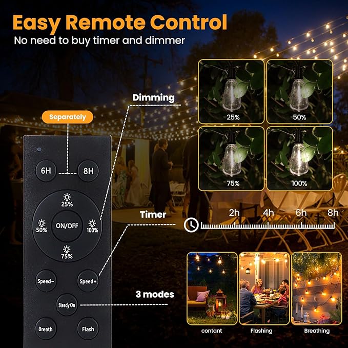 VUAA 150FT Solar Outdoor String Lights Waterproof Solar Powered Patio Lights with 52 Shatterproof ST38 Edison Bulbs &amp Remote ControlLED Dimmable Solar String Lights for Outside