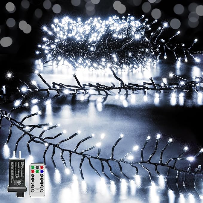 500 LED 25 FT Cluster Lights White Christmas Tree Lights 8 Modes Timer Remote Waterproof String Lights for Indoor Outside Garland Xmas Decorations