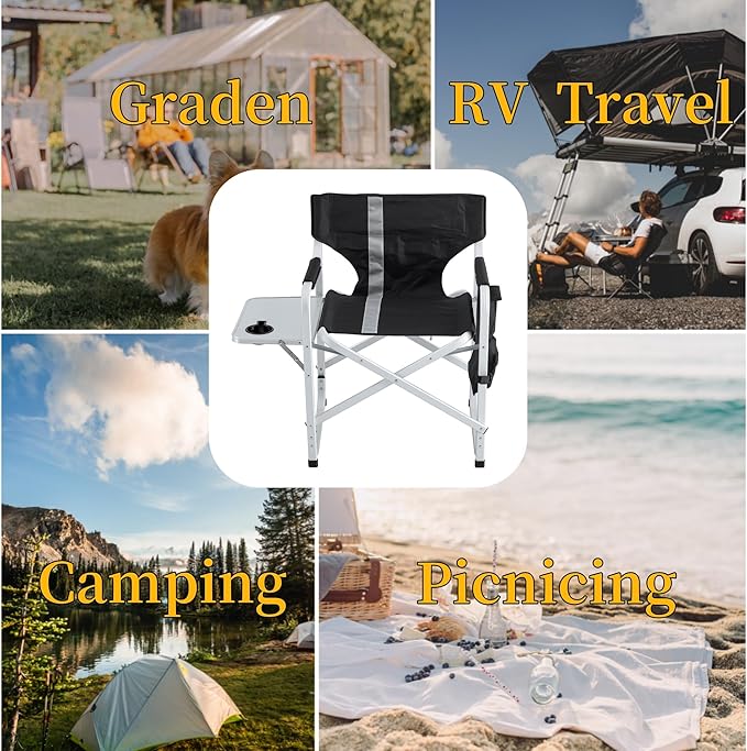 400LBS Heavy Duty Camping Director Chair - Lightweight Aluminum Frame with Foldable Side Table 600D Oxford Seat &amp 3 Storage Pockets Portable for CampingSportsIndoor/Outdoor Adults Use