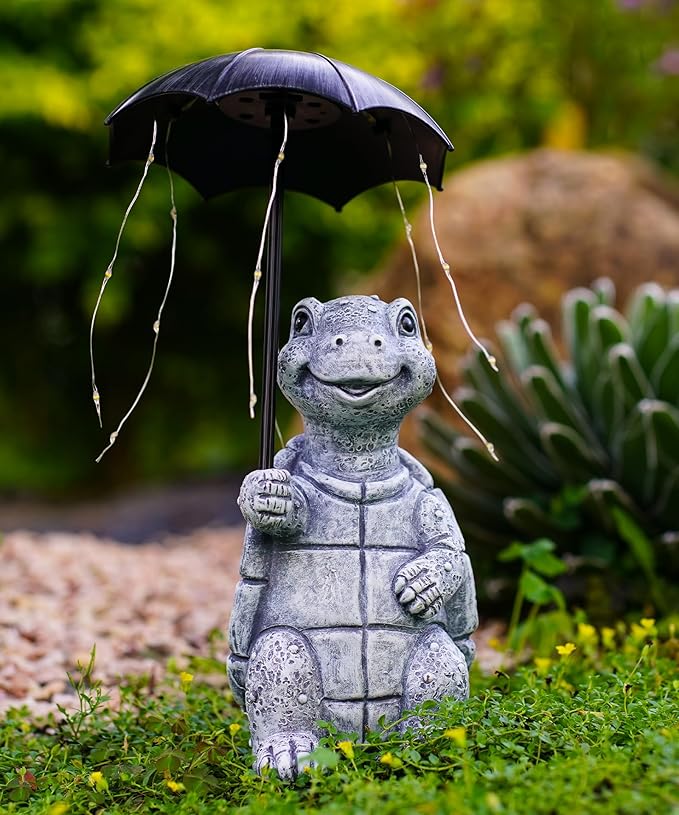 Nacome Solar Turtle Garden Decor Outdoor Statues: Holding Umbrella with String Lights Patio Yard Lawn Outside Decorations - Birthday Gifts for Mom Grandma Women Sister(Grey)
