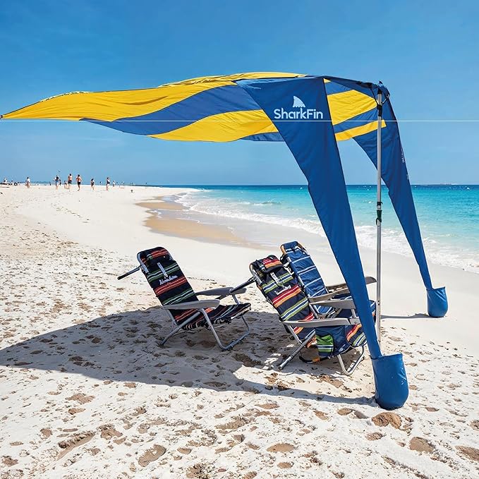 Shark FIN Shade Beach Tent Wind Sun Canopy Portable Easy Set Up UPF 50+ No Assembly Required 3-30 MPH - 1 to 8 People - Tie Downs Included - 2 Sizes Large 9' X 10' &amp Giant 13.5' X 10' PATENTS Pend