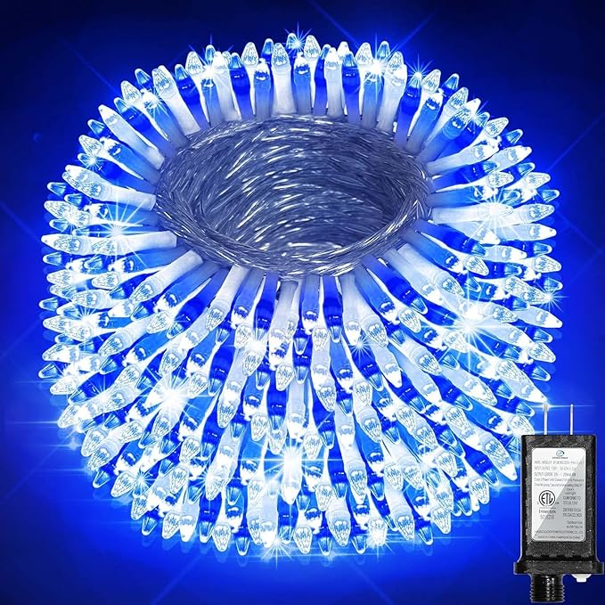1500 LED 470FT Christmas String Lights Outdoor 12 Pro Modes and Timer Memory &amp Brightness Plug in Waterproof Clear Wire Twinkle Light for for Xmas Yard Tree Wedding Party Decor (Blue &amp White