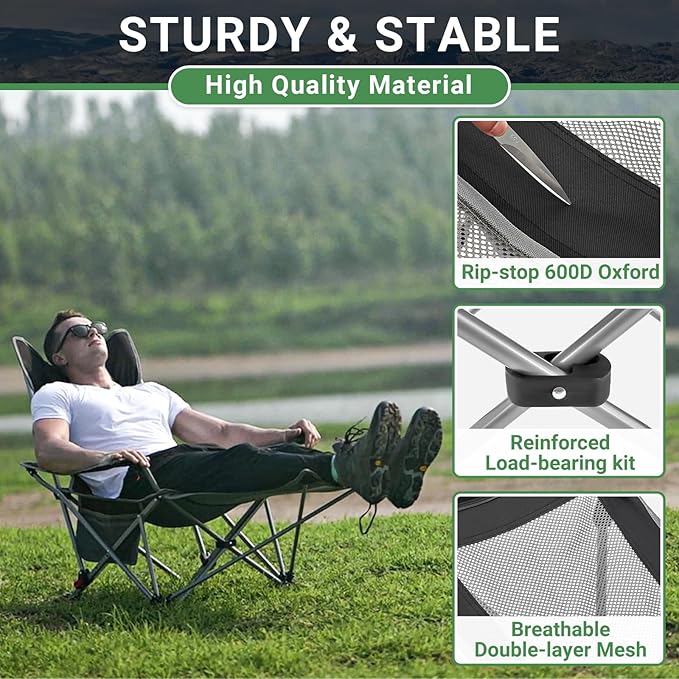 #WEJOY 2-in-1 Reclining Camping Chair Lightweight Folding Camping Chair with Adjustable Backrest &amp Footrest Camping Lounge Chair with Headrest Cup Holder Storage Bag for Beach Lawn Concert