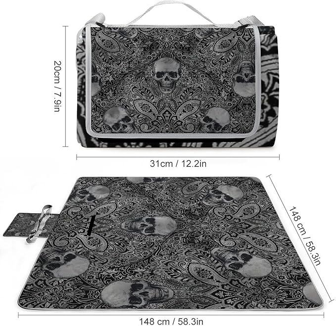 Gothic Skulls Damask Style Black White Waterproof Outdoor Picnic Blanket Sandproof Beach Mat for Camping Hiking Grass Travelling
